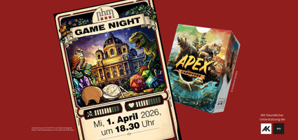 Visualisierung der NHM Game Night mit einer stilisierten Darstellung eines Deck-Building-Kartenspiels, inspiriert von naturhistorischen Objekten sowie des Naturhistorischen Museums Wien und der Apex Carnivore Kartenbox von OneStone Studios.