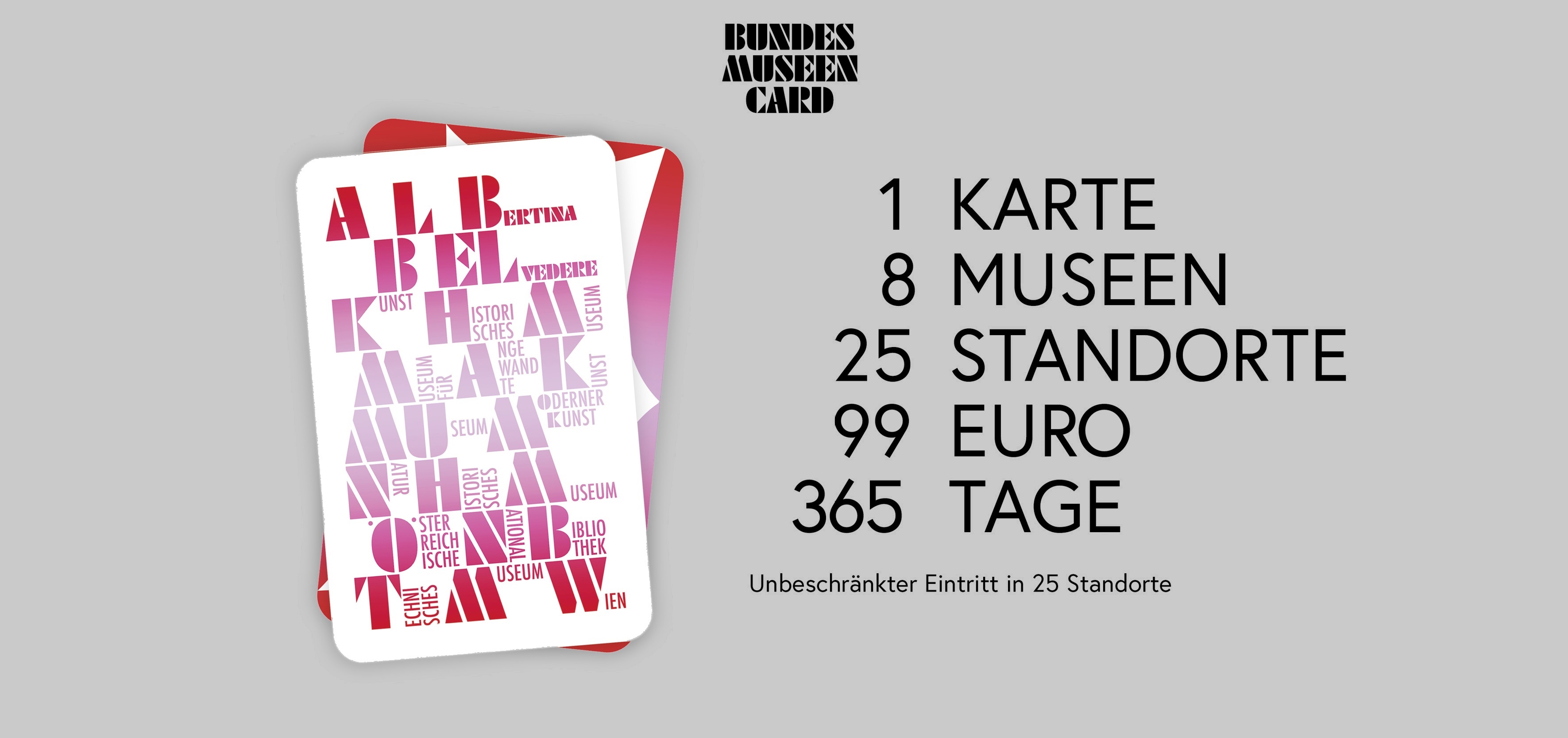 Bundesmuseencard, BMWKKMS Bundesmuseencard mit Text '1 Karte, 8 Museen, 25 Standorte, 99 Euro, 365 Tage' und Hinweis auf unbegrenzten Eintritt in 25 Standorte