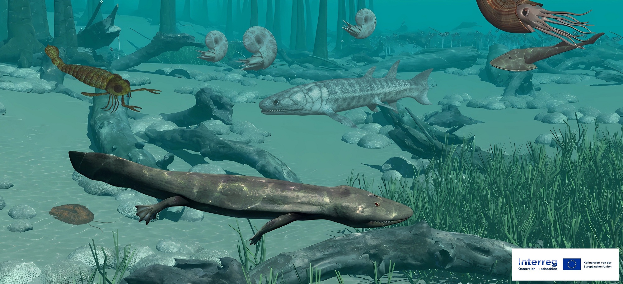 Unterwasseransicht mit mehreren urzeitlichen Meeresbewohnern, darunter ein langgestrecktes Amphibium, ein fischähnliches Wesen und mehrere Kopffüßer.