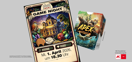 Visualisierung der NHM Game Night mit einer stilisierten Darstellung eines Deck-Building-Kartenspiels, inspiriert von naturhistorischen Objekten sowie des Naturhistorischen Museums Wien und der Apex Carnivore Kartenbox von OneStone Studios.