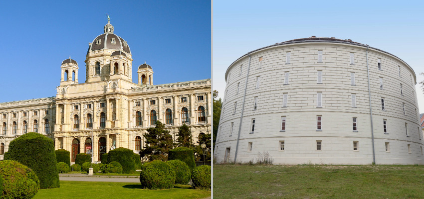 NHM Wien @Kurt Kracher, NHM und Narrenturm @Alice Schumacher, NHM Links historisches Museum mit Kuppel und Türmen, rechts rundes weißes Fort mit kleinen Fenstern